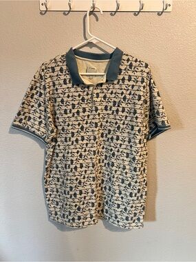 Louis Philippe Jeans Men’s Short Sleeve Polo  in Cream with Navy Leaf Pattern XL